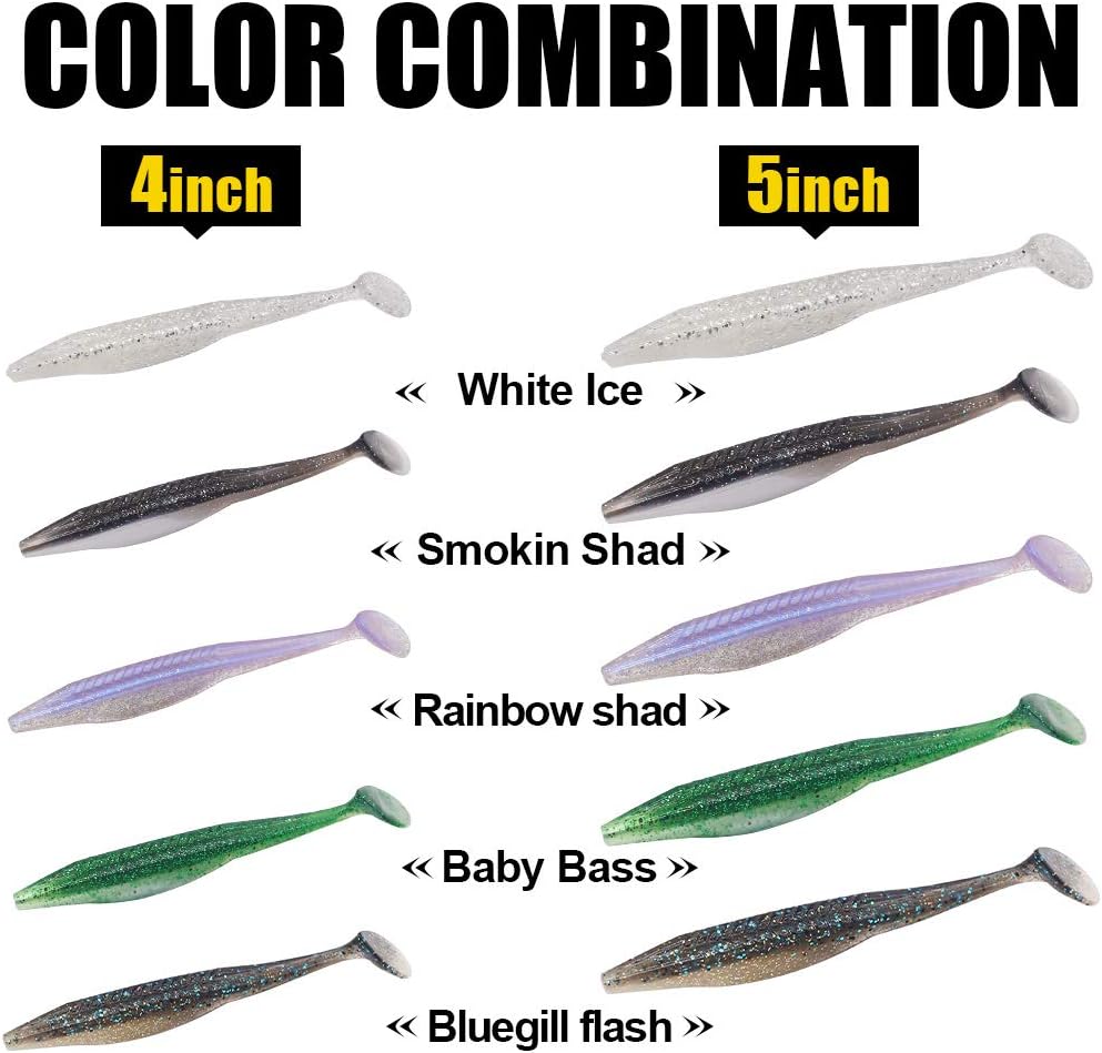 Swim-Fluke-Bait-for-Bass-Fishing-Lure-Paddle-Tail-Soft-Plastic-Baits Kit 4 - 5 Inch Pack of 25 (39PC Swimming Fluke Rig Kit) : Sports & Outdoors