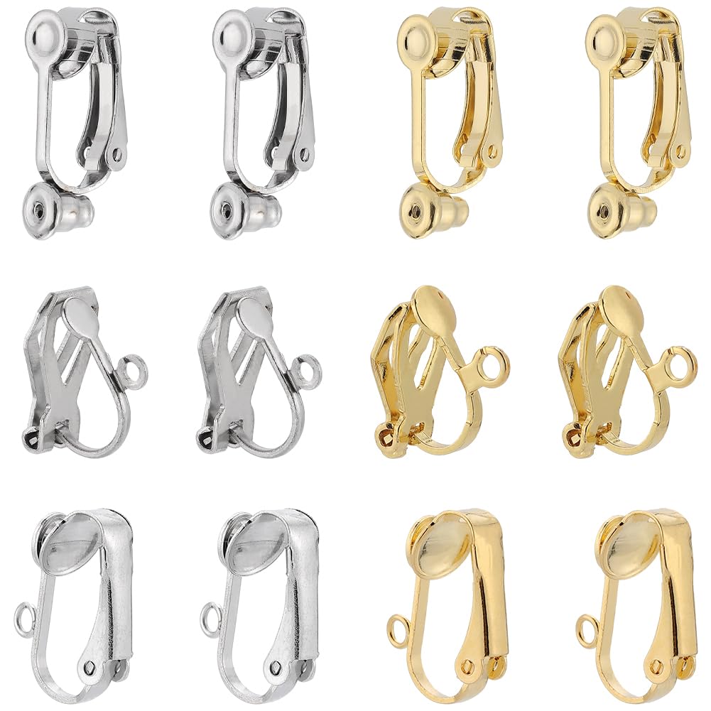 SUNNYCLUE 24Pcs 6 Styles Earring Converters Stainless Steel Earring Clips Gold Silver Earrings Components Findings with Post Earring Clip Backs for Non Pierced Ears Women jewellery Making DIY Crafts