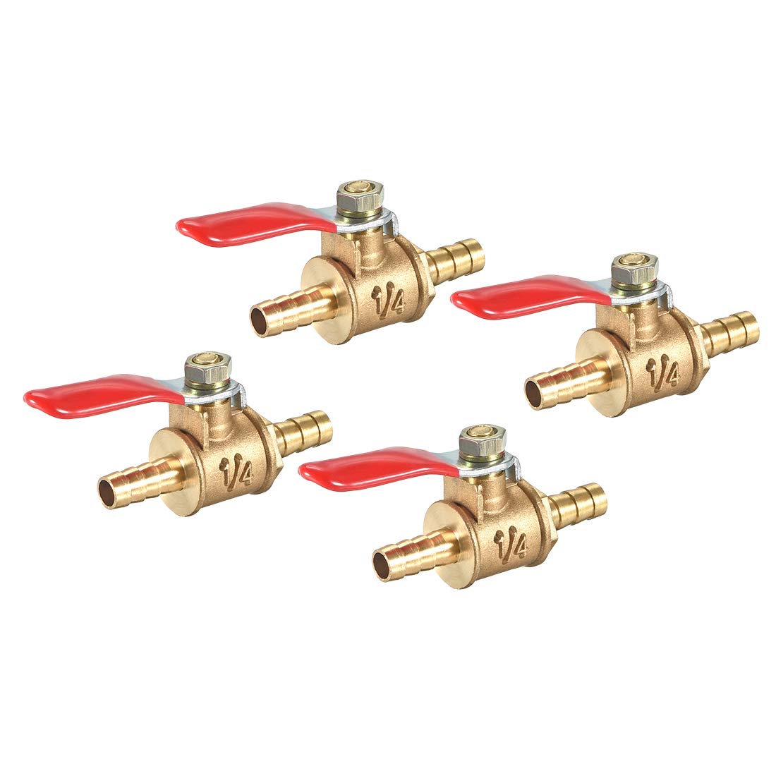 uxcell Ball Valve Shut-Off Valve, 6.4mm Hose Barb to 6.4mm Hose Barb, Hose Pipe Tube Fittings, 180 Degree Operation Handle, Brass Valve, Pack of 4