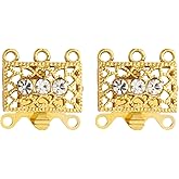 Pandahall 2Sets 3-Strand Necklace Layering Box Clasps Multi-Strand Filigree Rhinestone Brass Slide Clasps Bracelet Connectors Golden for Jewelry Making, 18x17x1.5mm