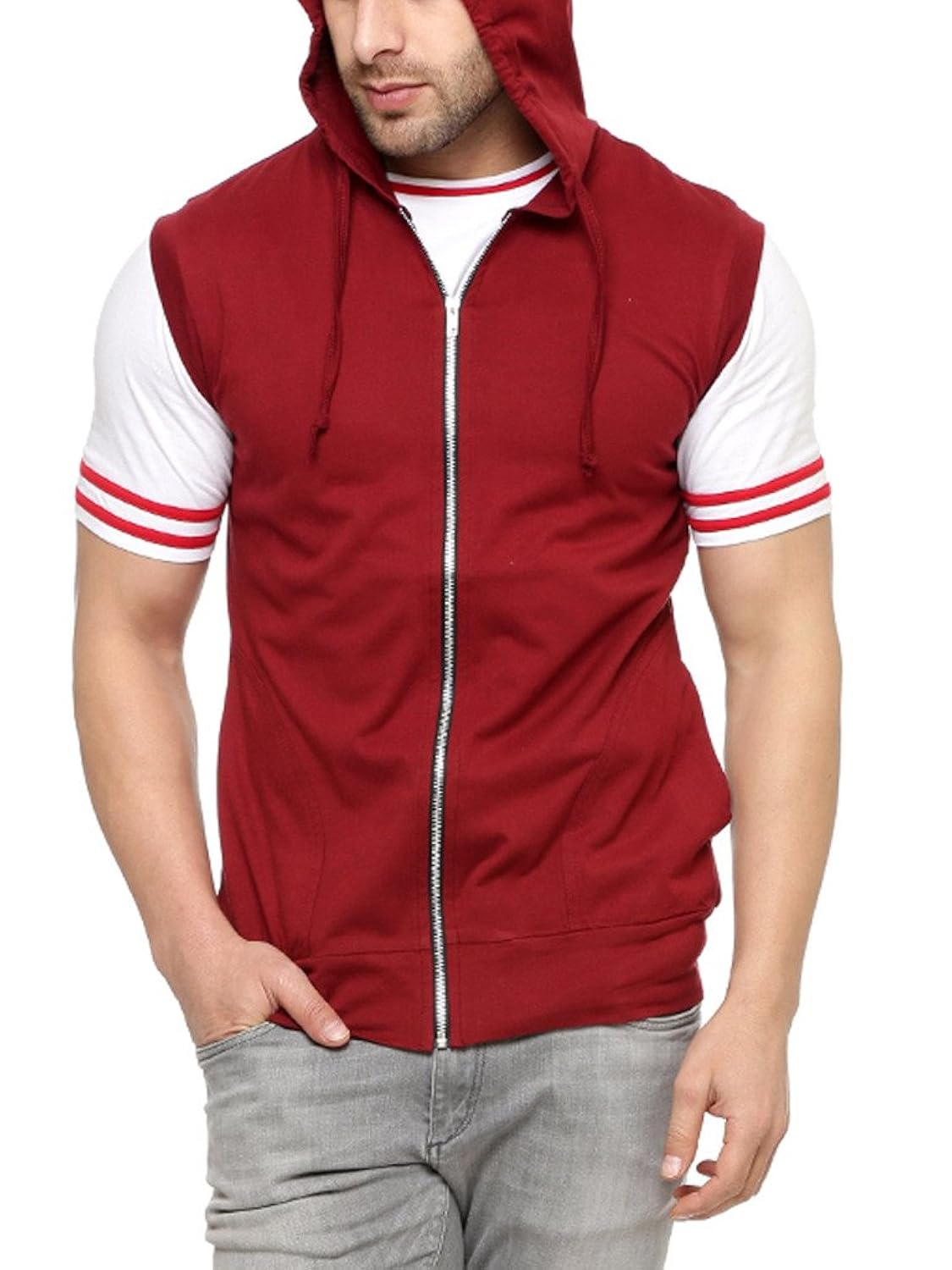 gritstones stylish maroon cut sleeve hooded jacket