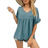 WIHOLL Womens Tops Casual V Neck Ruffle Sleeve T Shirts Babydoll Loose Fit Peplum Tops