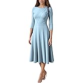 FENJAR Women's Elegance Fit and Flare Cocktail Dress - Casual Ruched 3/4 Sleeve Swing Midi Dresses for Wedding, Church...