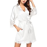 Ekouaer Womens Silk Robe Short Lace Trim Satin Robe 3/4 Sleeve Sexy Kimono Bride Bathrobe Comfy Sleepwear with Pockets