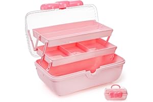 Noamus 11" Three-Layer Multipurpose Storage Box, Clear Plastic Art Craft Organizer, Portable First Aids Case with Handle Trays for Kids, Sewing Makeup Nail Hair Accessories, Home School Office(Pink)
