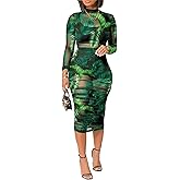 Women Sexy 3 Piece Outfits Set See Through Print Long Sleeve Midi Dress Sheer Mesh Crop Tank Tops Bodycon Skirt