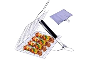 Grill Basket - Stainless Steel BBQ Portable Folding Grilling Grate with Detachable Handle for Outdoor Barbecue Fish Vegetable