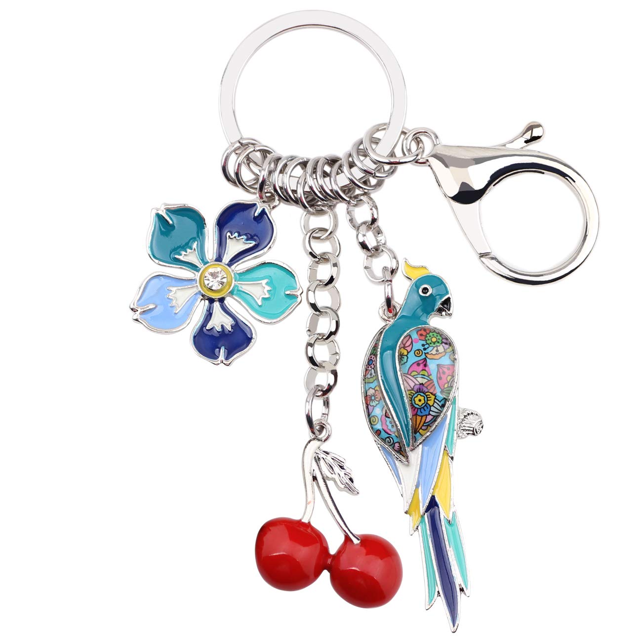 WEVENI Enamel Alloy Flower Parrot Keychain Cherry Charms Bird Jewelry For Women Girls Bag Car Wallet (Blue)