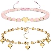 Gold Ankle Bracelets for Women, Heart Copper Beads Ankle Bracelet, Healing Rose Quartz Carnelian Amnethyst Crystal Bracelet, 14K Gold Plated Waterproof Dainty Anklets for Women