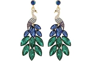 DTJA Vintage Peacock Dangle Earrings for Women 14K Gold Plated Green Crystal Feather Peafowl Statement Drop Dangling Stud Earring Boho Exaggerated Birthday Holiday Jewelry Gifts