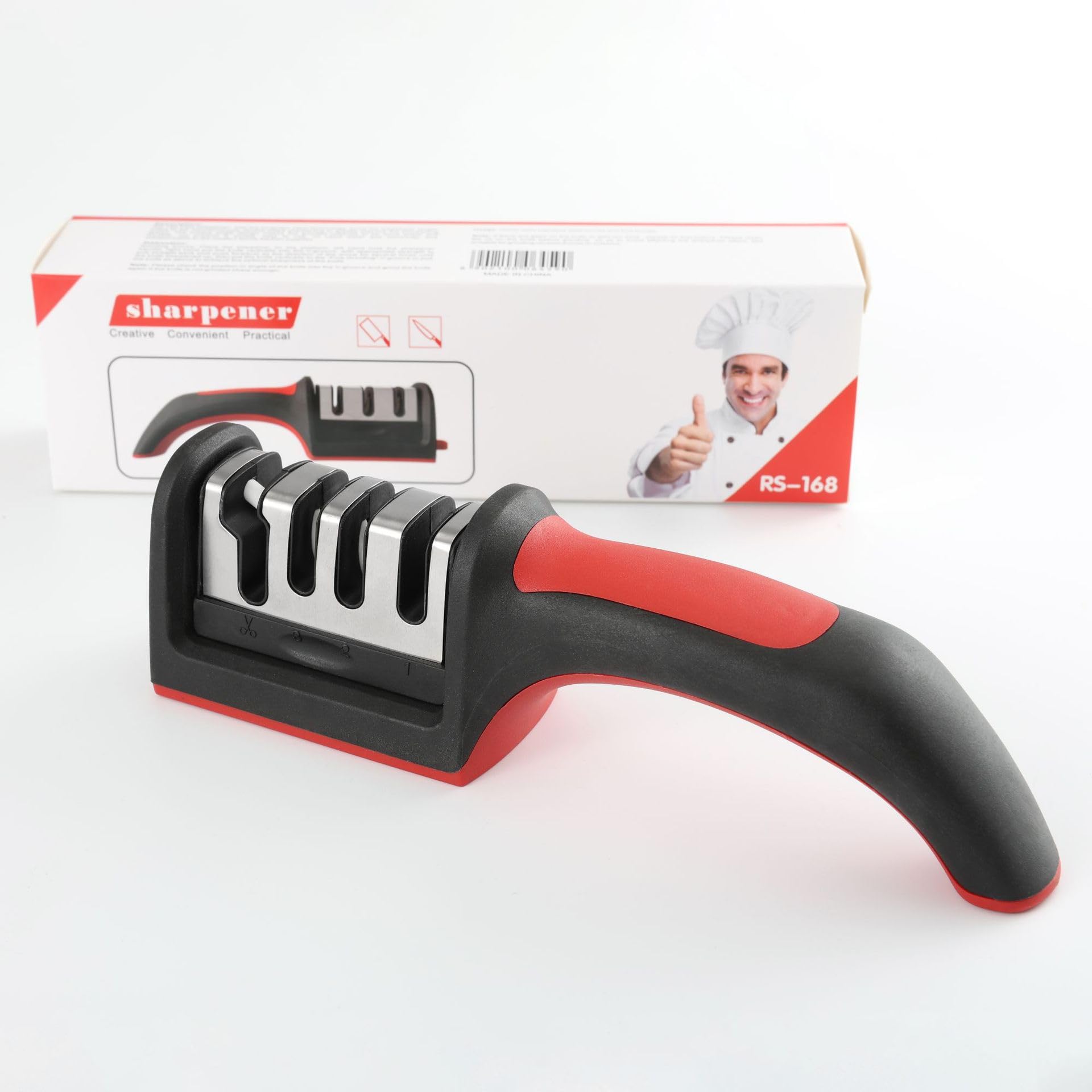 Photo 1 of 4-in-1 Kitchen Knife Sharpener, Professional Grade with Tungsten Steel and Ceramic Slots, Scissor Sharpening, Black/Red