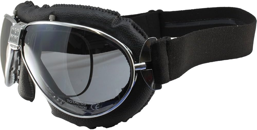 Nannini TT Hand-Sewn 4V Black Leather Goggles Chrome Silver Mirror Lens