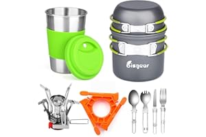 Bisgear Portable Backpacking Stove Canister Stand Tripod Stainless Steel Cup Flatware Mess Kit - Cooking Set - Camping Gear