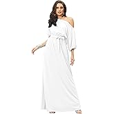 KOH KOH Womens Long Sexy One Shoulder Flowy Casual 3/4 Short Sleeve Maxi Dress