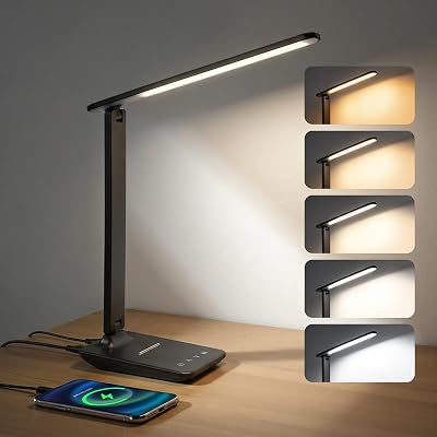 Schreibtischlampe LED, Tischlampe Dimmbar, Eye Caring Foldable, Desk Lamp mit 5 Helligkeitsstufen, Tischlampemit USB Ladeanschluss Touch Steuerung für Kinder, Schlafzimmer, Lektüre, Büros (Schwarz)