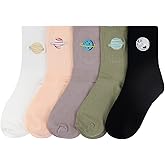 LNQ LUNIQI 5 Pairs Women Cotton Planet Socks Fashion Embroidered Socks Daily Casual Comfy Breathable Crew Socks for Womens, Girls,Couples (5 colors