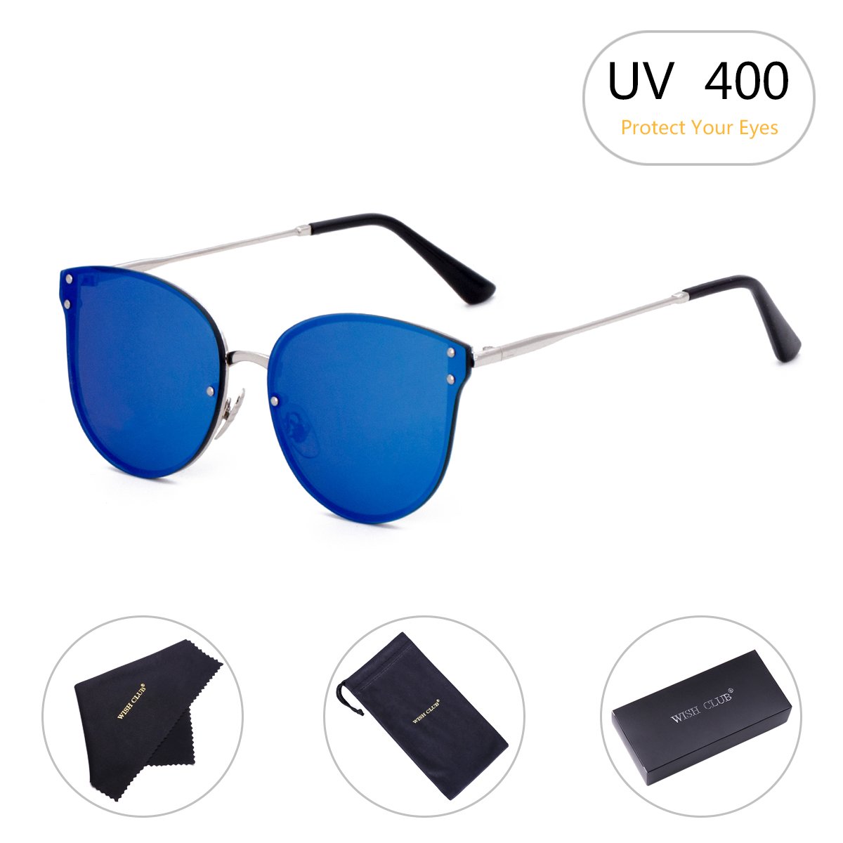 WISH CLUB Women Blue Oversized Cat Eye Sunglasses Designer Rimless Flat Mirrored Lenses Glasses