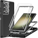 TFDSEUGH for Samsung Galaxy S23 Ultra Case with 2Pcs Self Healing Flexible TPU Screen Protector & Camera Lens Protector, 3 in 1 Heavy Duty Shockproof/Drop Proof/Dust Proof Case (Black/Grey)