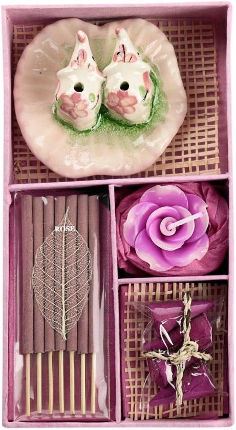 Thai Rose Fragrance Incense Set with Rose Candle and Incense Holders, Sticks, and Cones - Pink