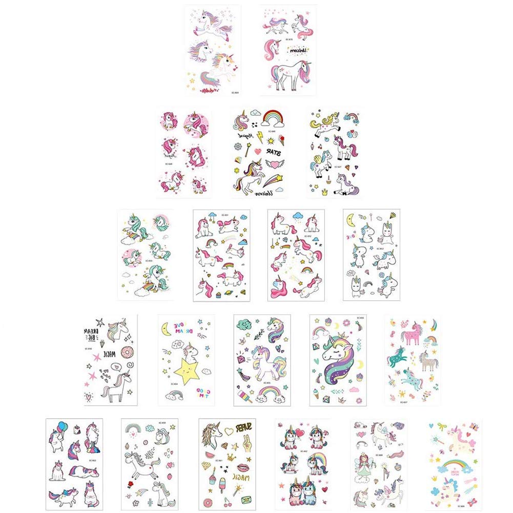 20 Sheets Unicorn Temporary Tattoos, Kids Fake Cartoon Waterproof Tattoo Unicorn Sticker Birthday Party Supplies Christmas Halloween Gift for Children Girls Teens