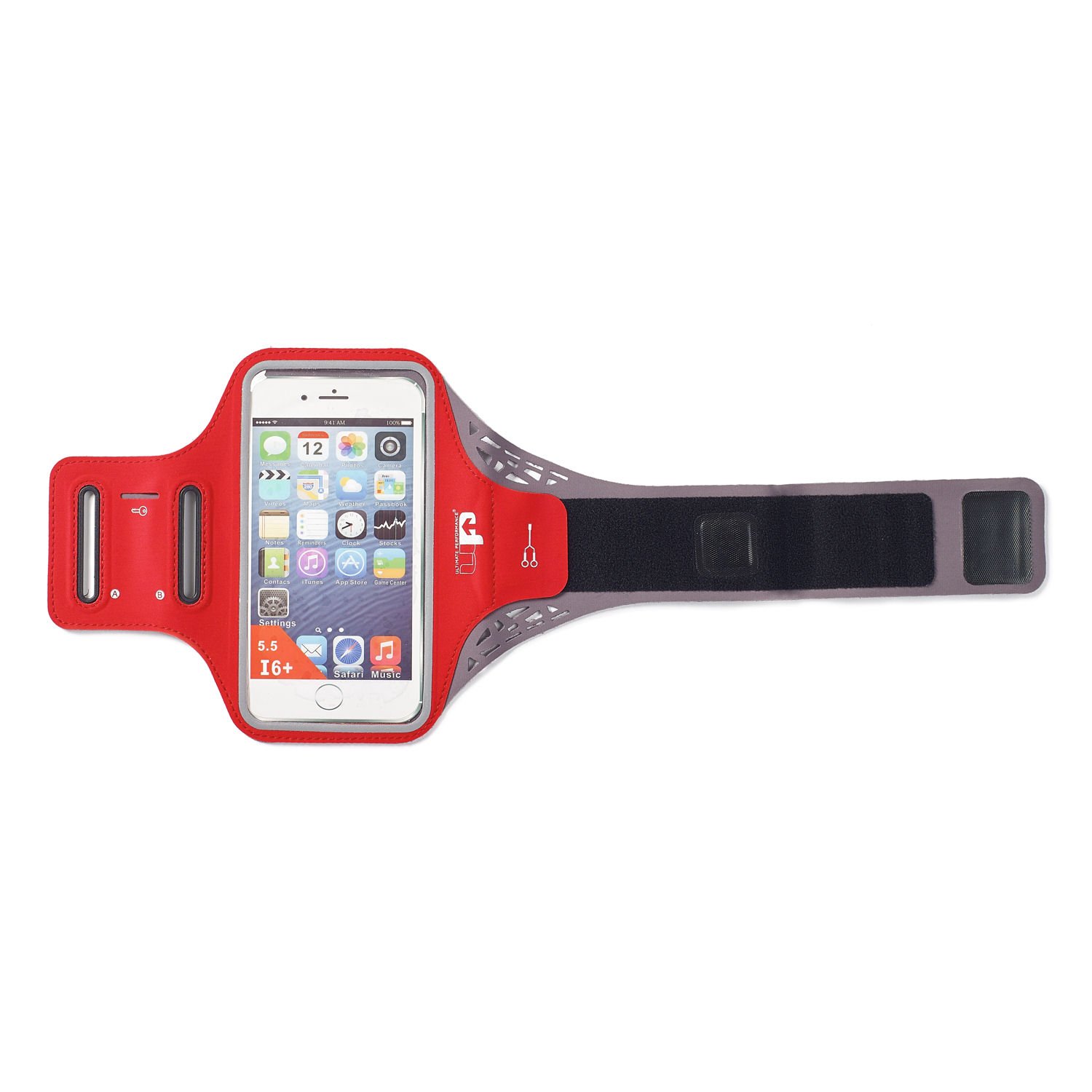 Ultimate Performance UP Ridgeway Mobile Phone Holder Sports Armband Touch Window High Vis trim Secure Lock strap Outlet Port Key Pocket Credit Card Holder Water Resistant Ultra Lightweight Running Red