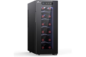 Upstreman 12 Bottle Wine Fridge, Thermoelectric Wine Cooler Refrigerator, 41-66Â°F Temp Control, Quiet & Energy Efficient, Glass Door with Digital Display & LED Light for Home/Bar/Office