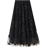 Womens Floral Tulle Skirts High Waisted A-Line Mesh Skirt Embroidery Layered Fairy Skirts Party Casual Outfits