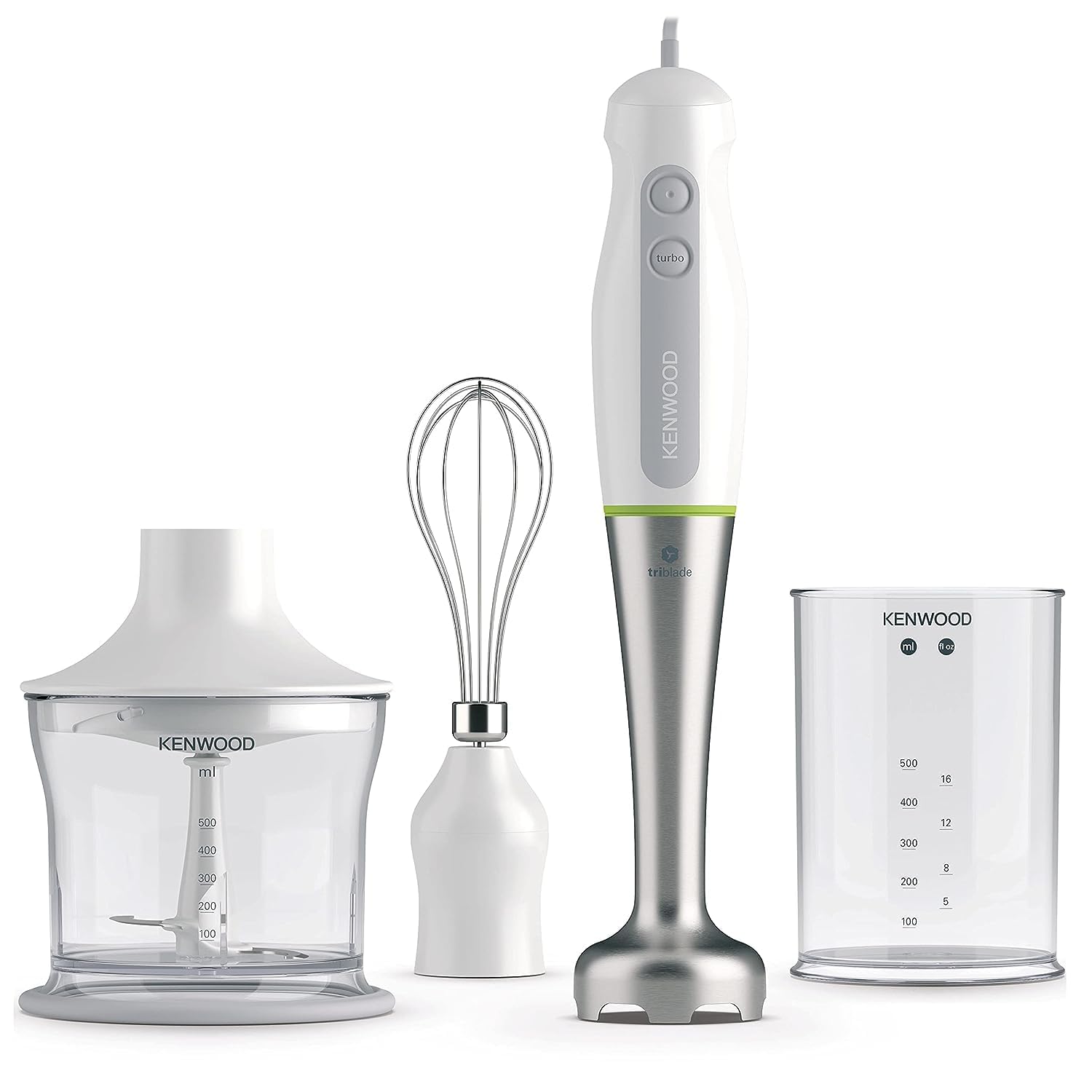 Kenwood Triblade System Hand Blender, Mixer with Anti-splash, 0.5L BPA-free Plastic Beaker, 0.5L Chopper, Stainless Steel Whisk, 600W, HDP109WG,Color Silver