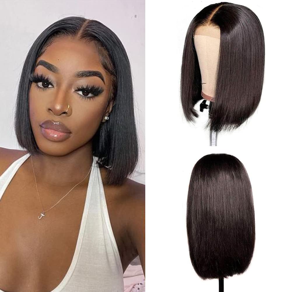 DÉBUT Straight Bob Wigs Human Hair T Part Lace Front Bob Wig Pre Plucked with Baby Hair 150% Density Brazilian Virgin Hair for Women(8 Inches, Natuarl Black)