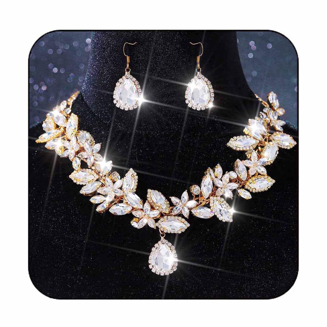 Unicra Crystal Bridal Wedding Jewelry Set Rhinestone Necklace Earrings Sets Formal Costume Jewelry for Women and Brides