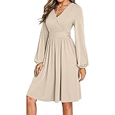 Dokotoo Womens 2026 Spring Summer Wrap V-Neck Long Sleeve Empire Waist Dress Elegant Mini Dresses with Pockets