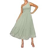Glamaker Women's Short Sleeve Smocked Square Neck A Line Summer Flowy Maxi Long Dress