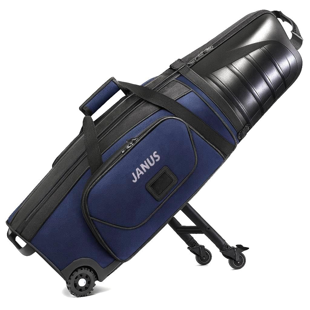 Photo 1 of JANUS Golf Travel Bag Hard Case with Support Frame for Hands-Free 360 Spinner Wheels, Travel Bag for Airlines, ABS Hard Shell, Easy to Fold, Hand-Carry Option,Blue,Hands-Free