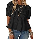 Tankaneo Womens Puff Sleeve Peplum Babydoll Tops Summer Smoked Pleated Cotton T-Shirts Casual Loose Fit Flowy Blouse