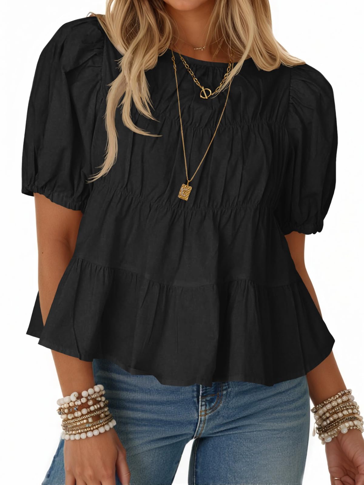 Tankaneo Womens Puff Sleeve Peplum Babydoll Tops