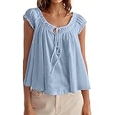 Tankaneo Women Summer Tie Front Tank Tops Cap Sleeve Pleated Babydoll Tops Casual Loose Fit Going Out Flowy Shirt