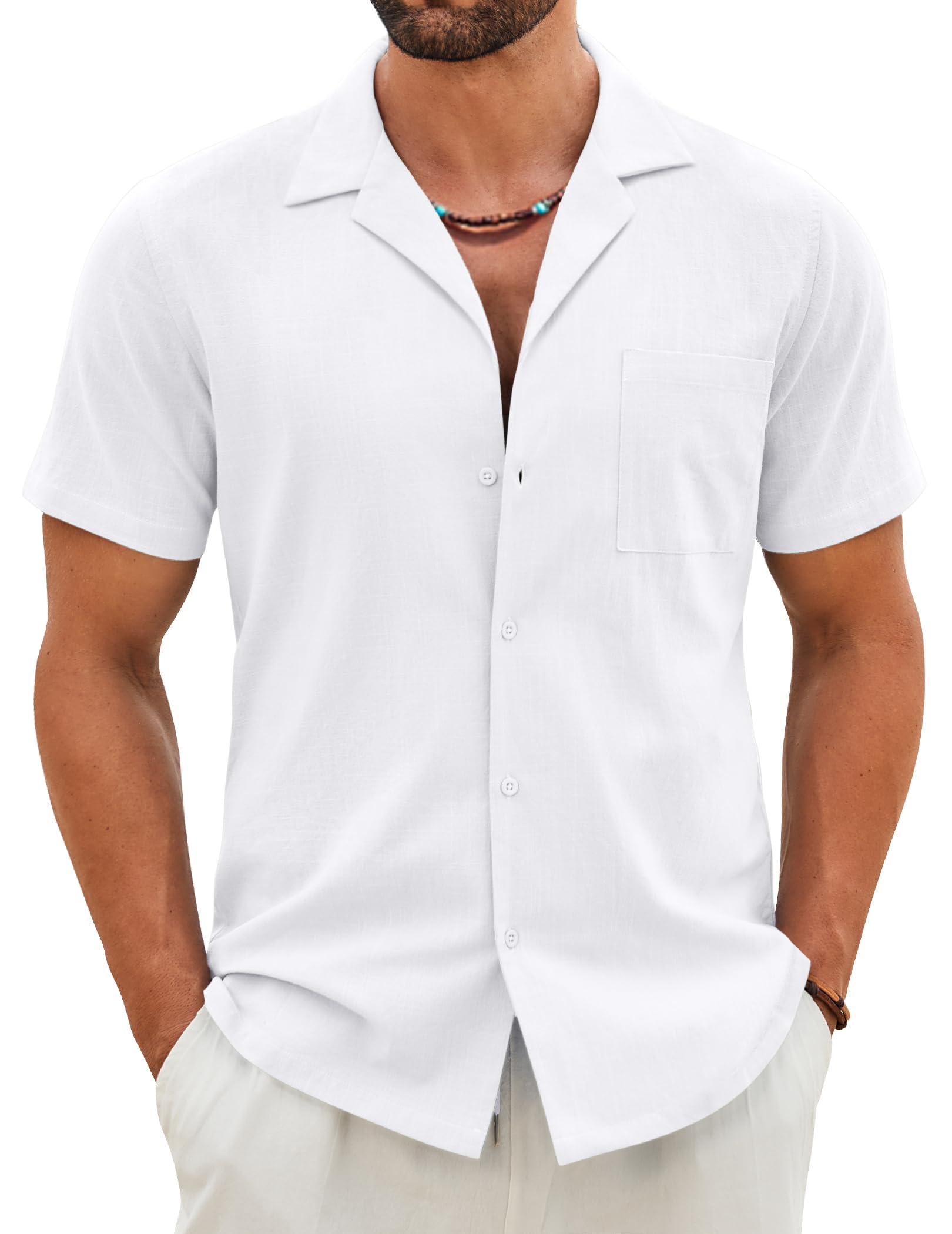 COOFANDY Mens Cotton Linen Shirt Casual Button Down Short Sleeve Shirts Summer Cuban Vacation Beach Shirts with Pocket