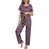Verdusa Women's 2 Pieces Fall Pajamas Short Sleeve Heart Print Crew Neck Lightweight Lounge Sets