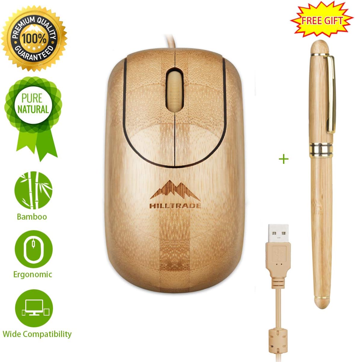 Bamboo Wired Mouse, Computer Optical Mouse, Ergonomic Quiet Mice, Laptop Mouse with 6ft Cord for Gaming, Office Work, Laptop, Desktop, Notebook, PC, MacBook by Hilltrade