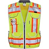 Dib Safety Reflective Vest Heavy Duty, High Visibility Two Tone Engineer Vest, Made with 3M Tape, Padded Collar, Retractable ID Pocket, Yellow XL
