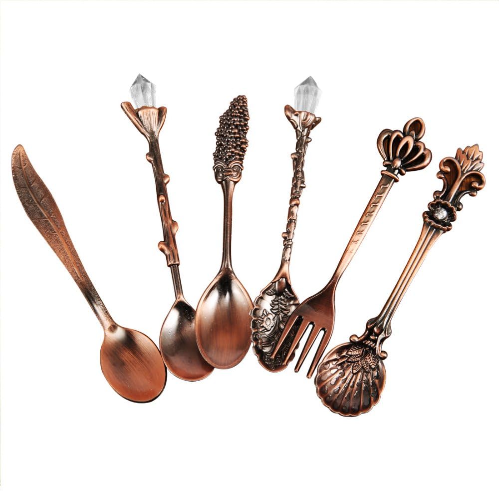 SAYOU® Set of 6 Vintage Royal Style Coffee Spoon Teaspoons Dessert Spoons and Forks for Kitchen Vintage Dining Bar Tableware (Red Antique Brass)