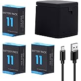 3-Pack Hero 11 Batteries for Hero 12, Hero 11, Hero 10, Hero 9 Black Sport Action Camera with 3 Channel Battery Charging Station Power Fast Portable Accessory High Capacity