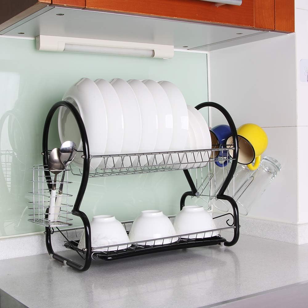 2-Tier Dish Rack and Drain Board, Brilliant Black Large Kitchen Plate Cup Dish Drying Rack Storage Tray Cutlery Dish Drainer Room Saving