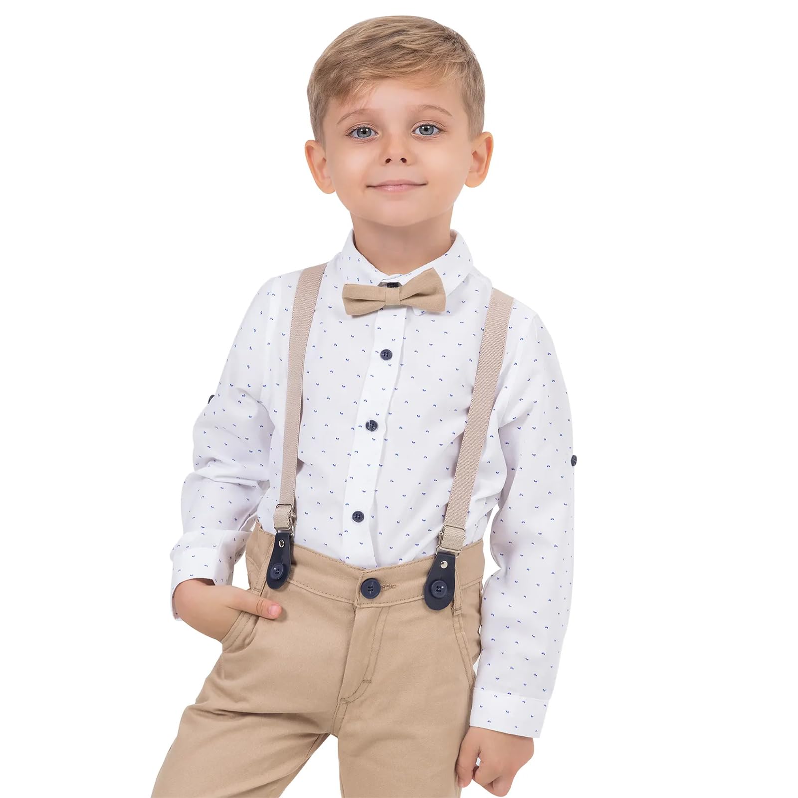 Photo 1 of Gold Class Kidswear Boys Formal Outfit with Shirt, Pants, Suspenders, Bow Tie - Toddler Suit for Boys, Baby Suit (Beige, 3-4 Years Old)