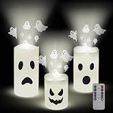 Ropoloogy 3 Pcs Halloween Projector Flameless Candles Ghost Projector Light | Halloween LED Candles with Remote Timer, Battery Operated, for Holiday, Indoor Home Spooky Scary Party Decoration Gifts