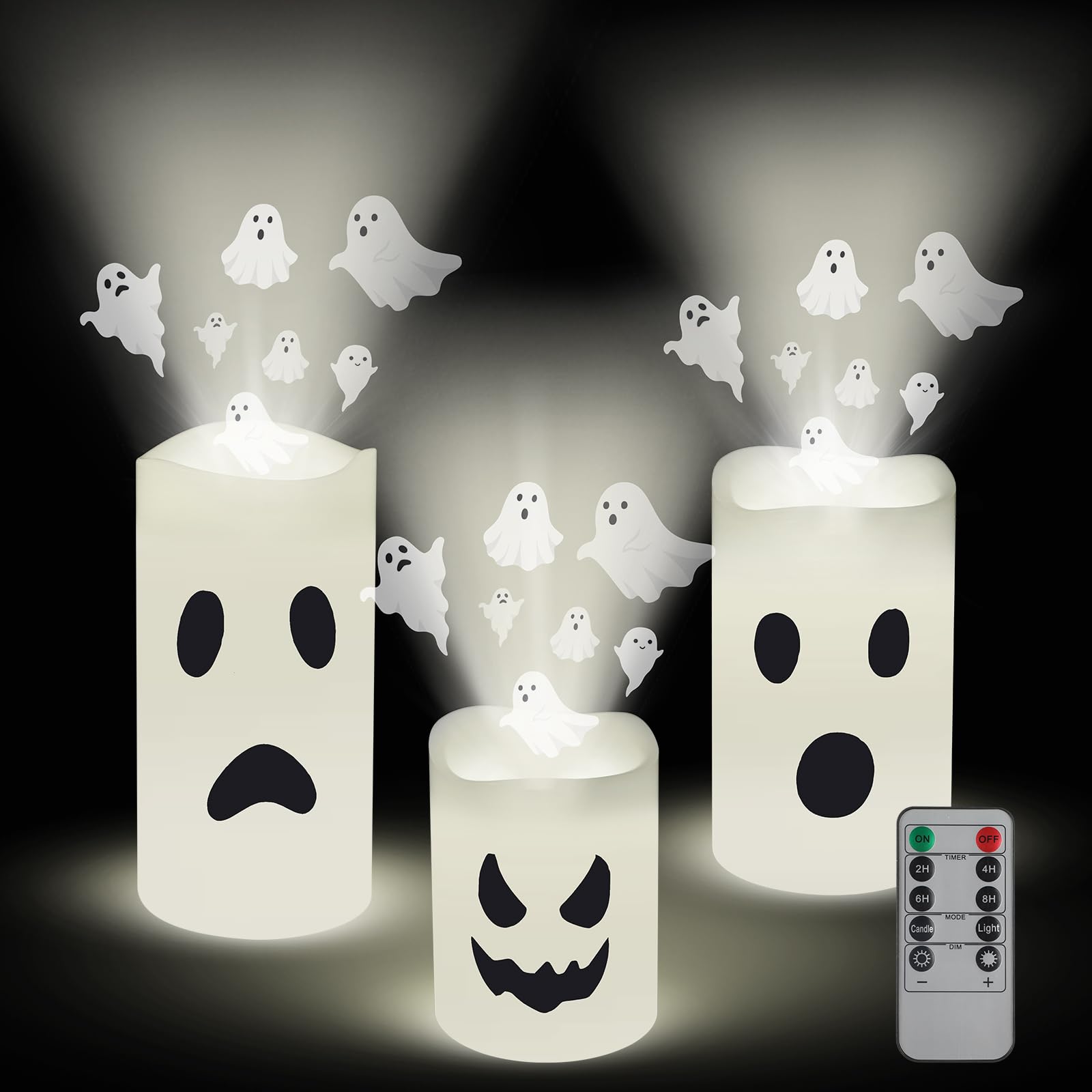 Photo 1 of Baquler 3 Pcs Halloween Flameless Candles Projector with Remote Timer - Projector Lights LED Ghost Candles Battery Operated for Indoor Halloween Home Decor Gifts