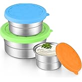 E-far Snack Containers with Lid Set of 3 (3, 6, 12.9oz), Stainless Steel Food Container for Kids Toddlers Adults, Round Metal Reusable Food Storage Box for Daycare School, Leak Proof & Stackable