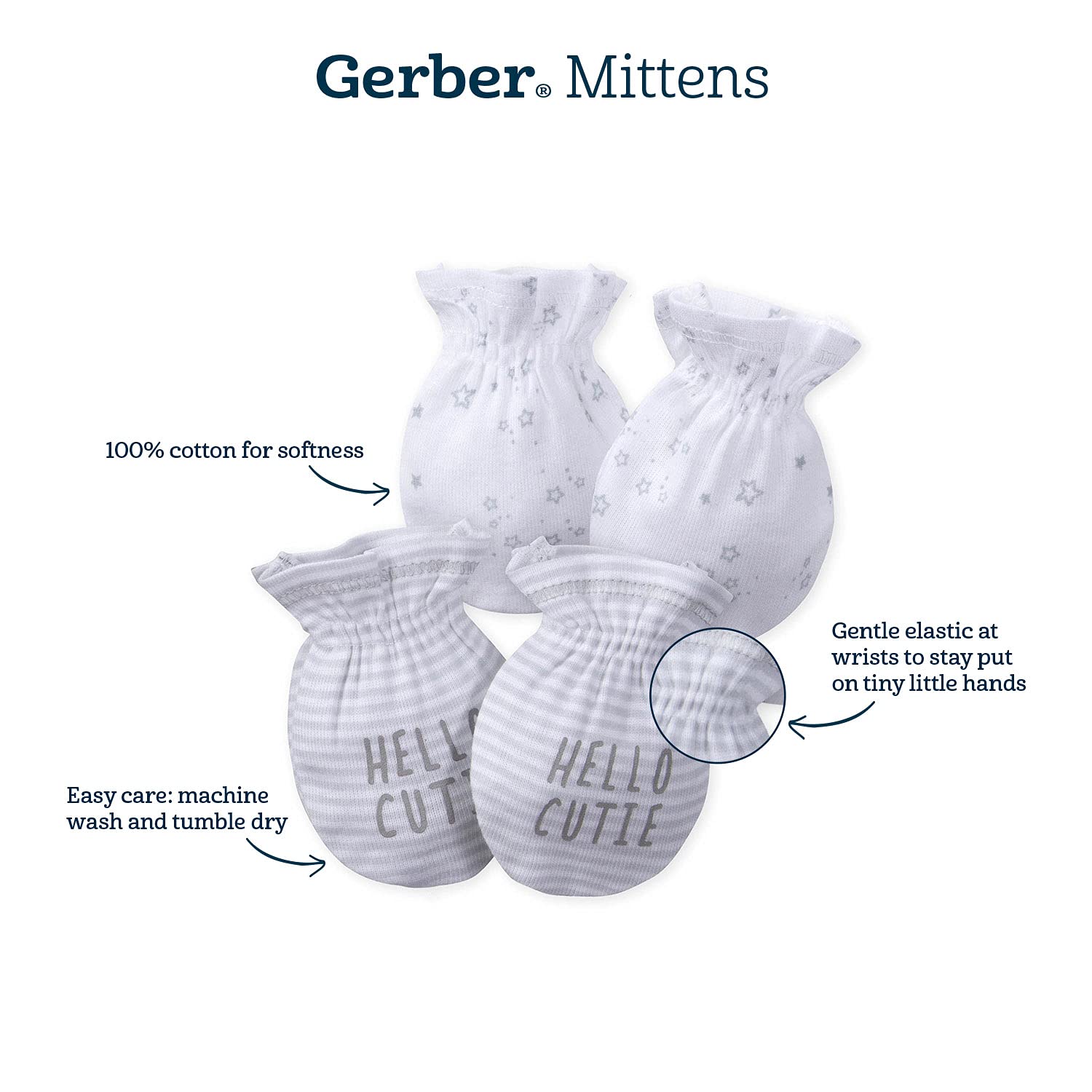 Gerber Baby 12-Pack No Scratch Mittens, White, 0-3 Months (8-Pack)