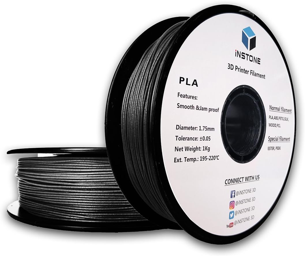 iNSTONE PLA-18 3D PLA Filament 1.75mm for 3D Printer, 1 kg Spool, Various Colors, Black