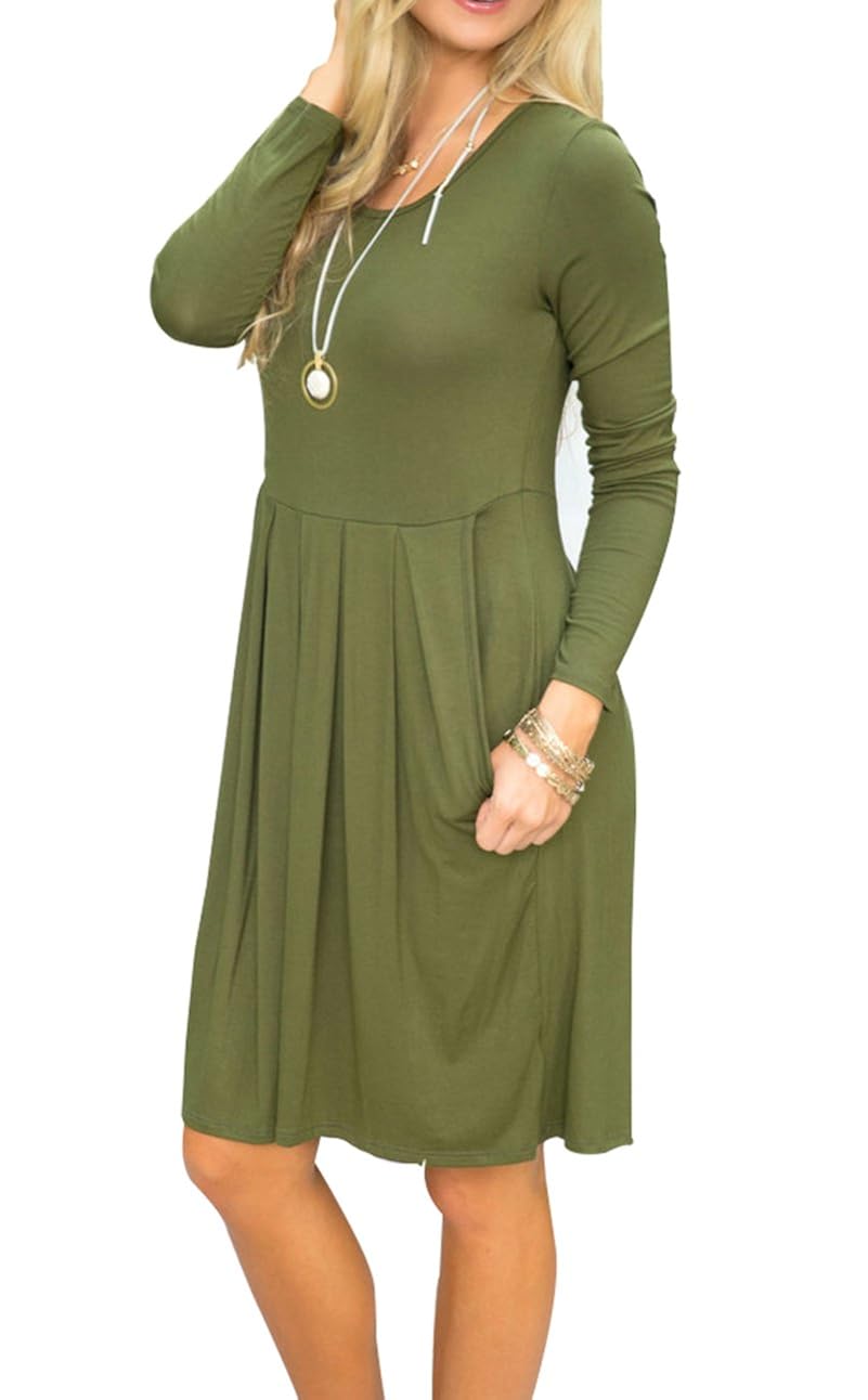 AUSELILY Women's Long Sleeve Pleated Loose Swing Casual Dress with Pockets Knee Length AUSELILY Women's Long Sleeve Pleated Loose Swing Casual Dress with Pockets Knee Length